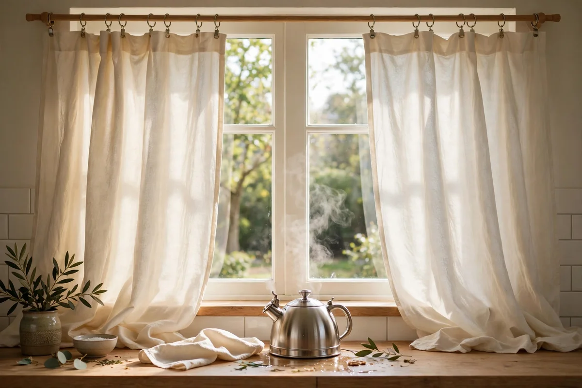 Washable cotton panels in cream on a slim rod at a kitchen window, steam rising nearby