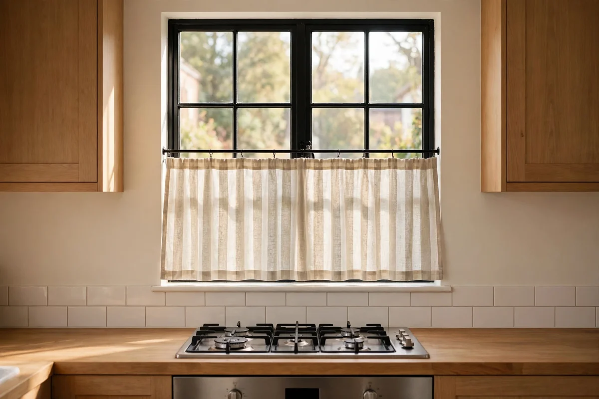Short kitchen window treatment ending safely above the sill, well clear of hob burners