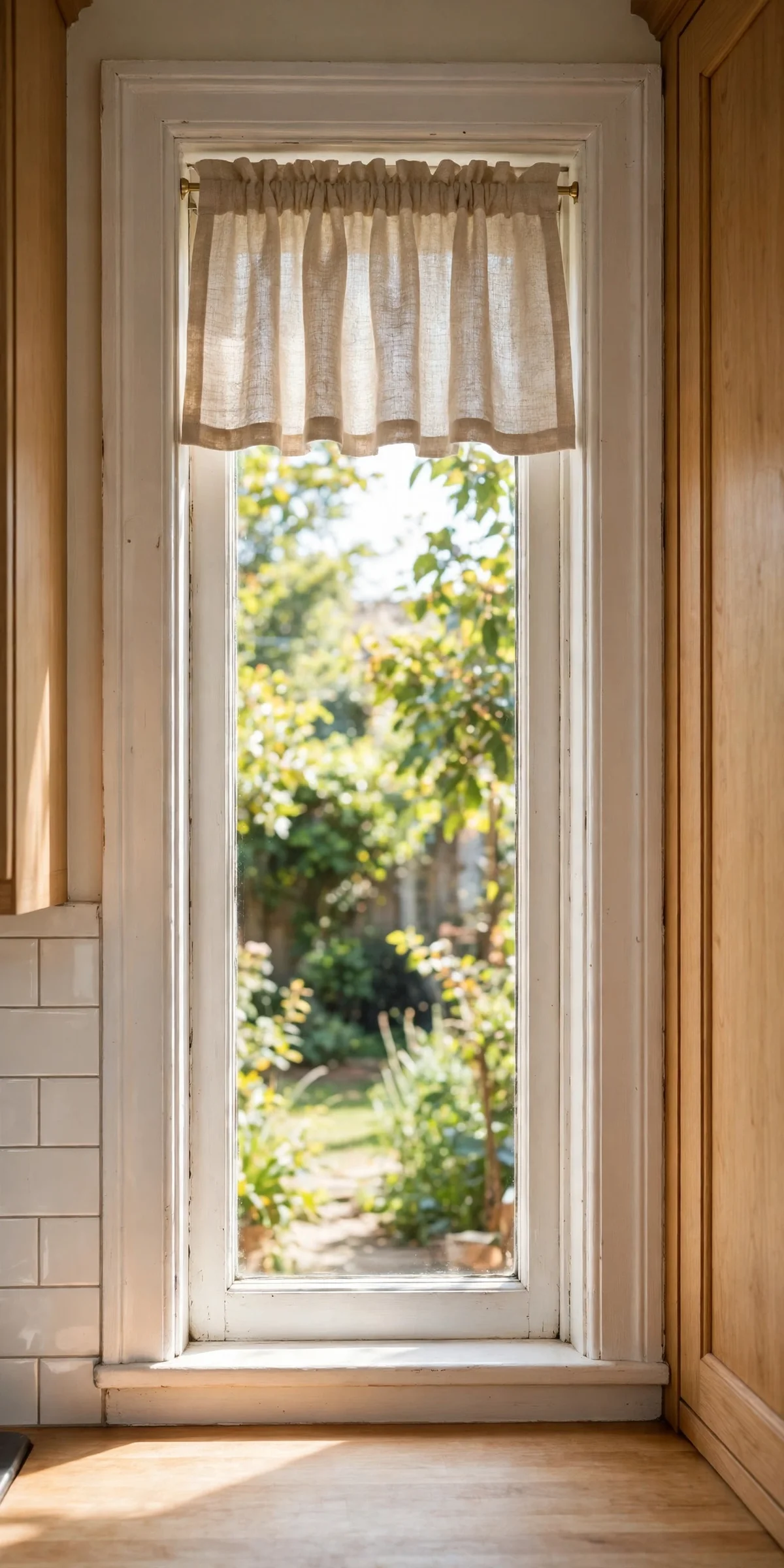 Slim linen valance across the top of a narrow kitchen side window