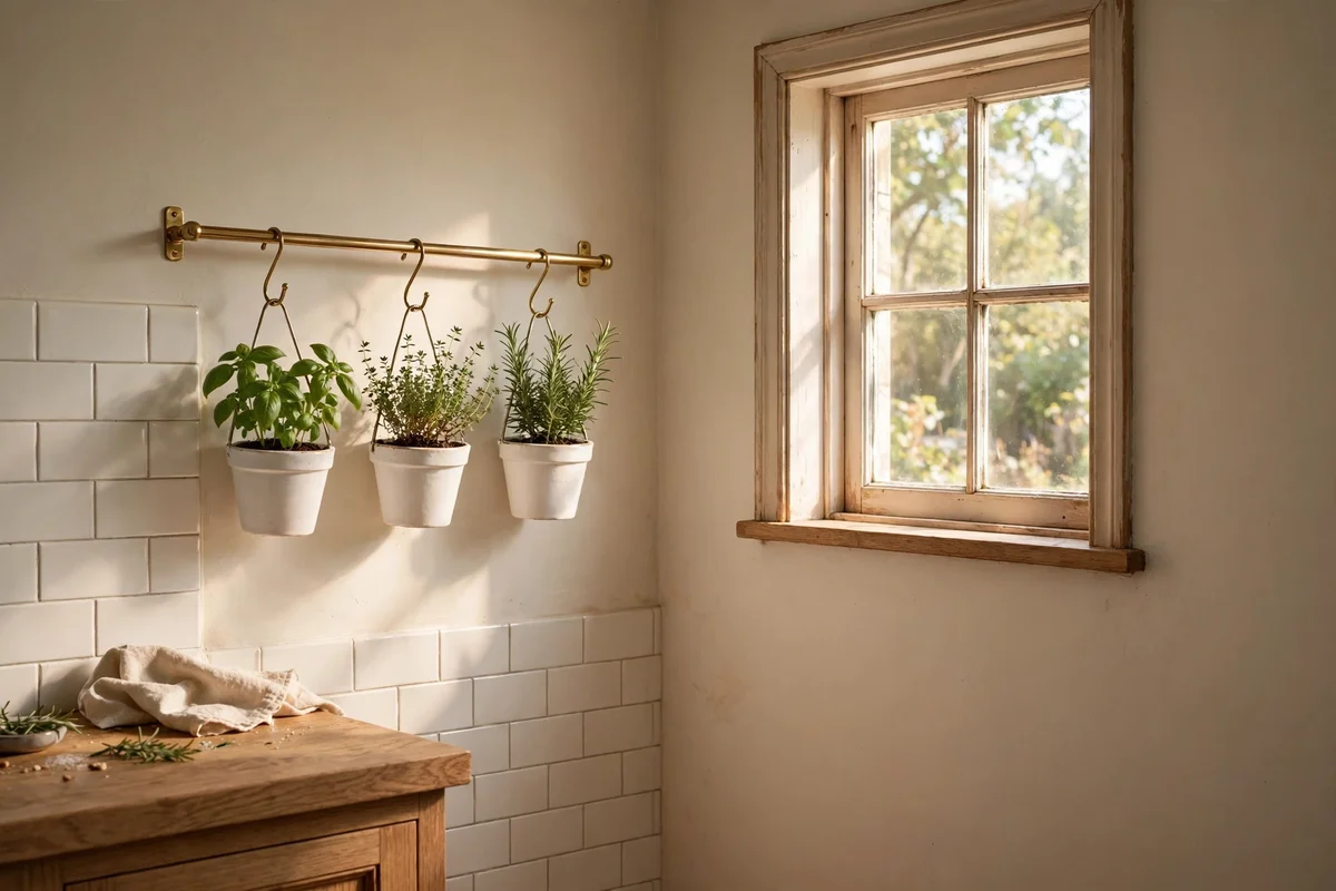 Small ceramic planter rail beside a corner kitchen window holding herb pots
