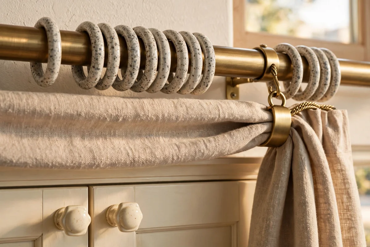 Ceramic knobs and brushed brass tiebacks dressing a simple kitchen window