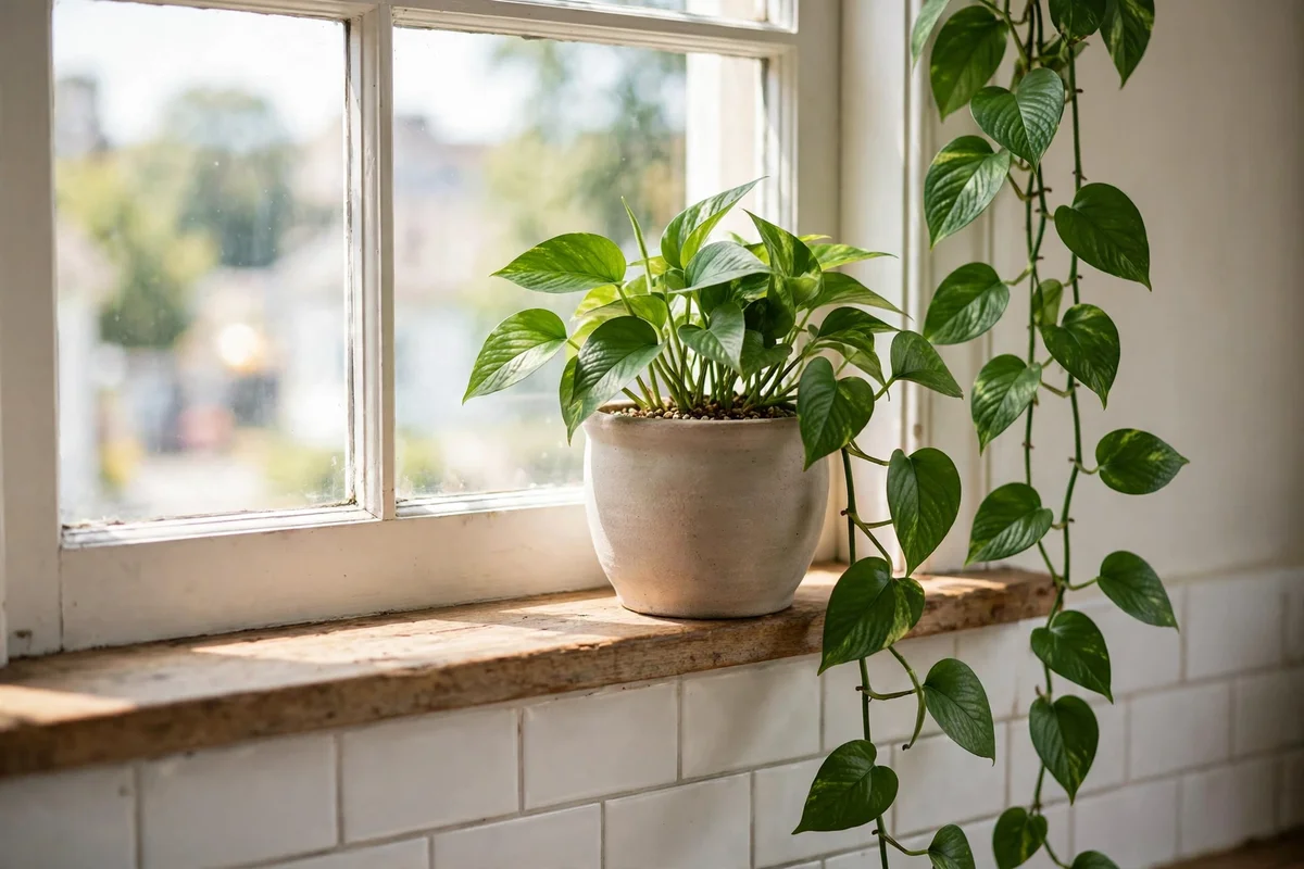 Single trailing plant in a ceramic pot cascading down a kitchen window sill