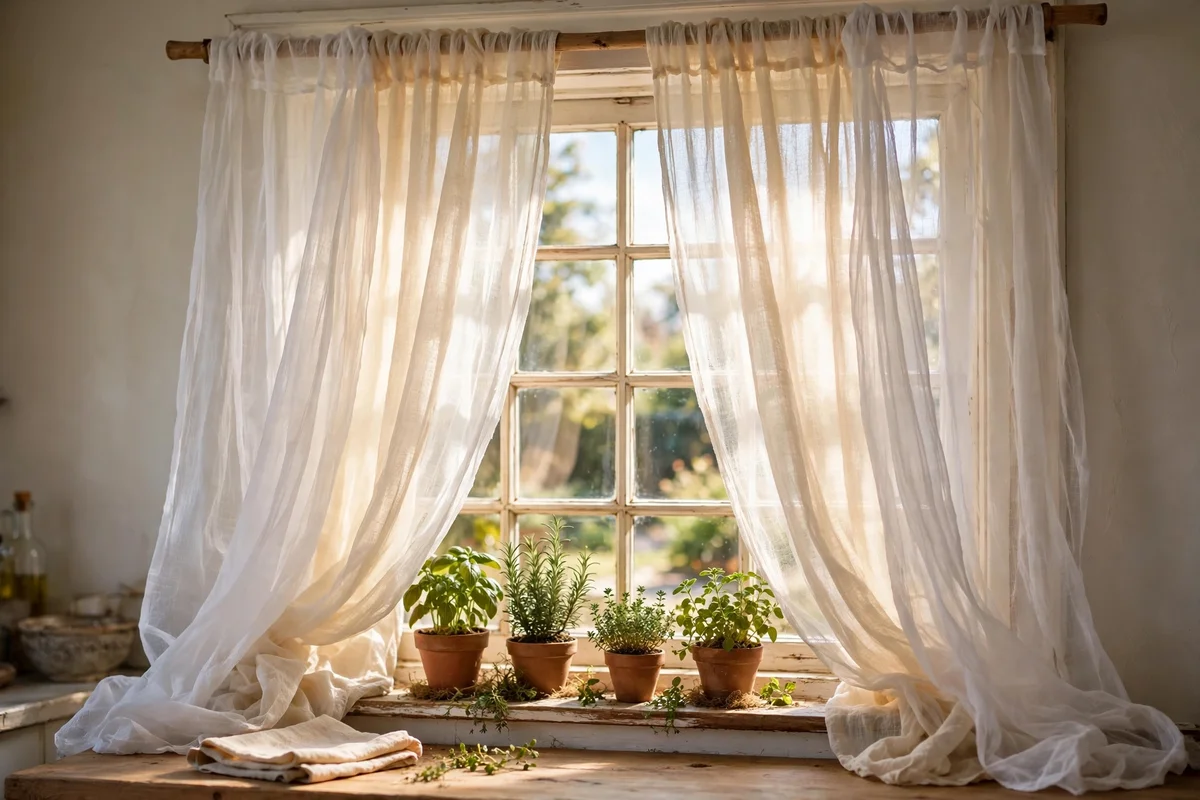 Two layered thin gauze panels softening bright sunlight at a kitchen window
