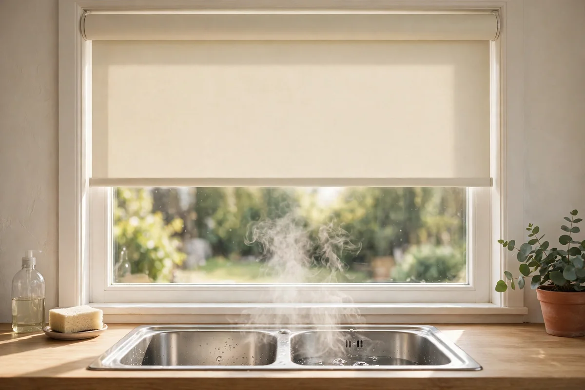 Plain frosted roller blind half lowered at a steamy kitchen window