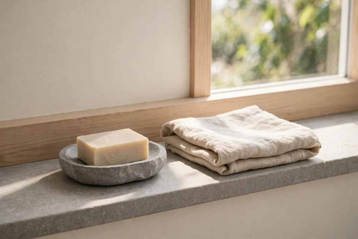 Soapstone dish and folded linen cloth styled simply on a kitchen windowsill