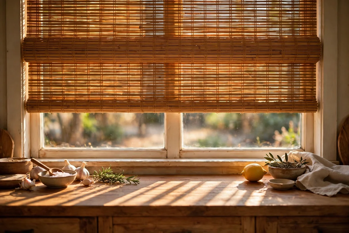 Woven bamboo blind filtering afternoon sun at a warm wooden kitchen window
