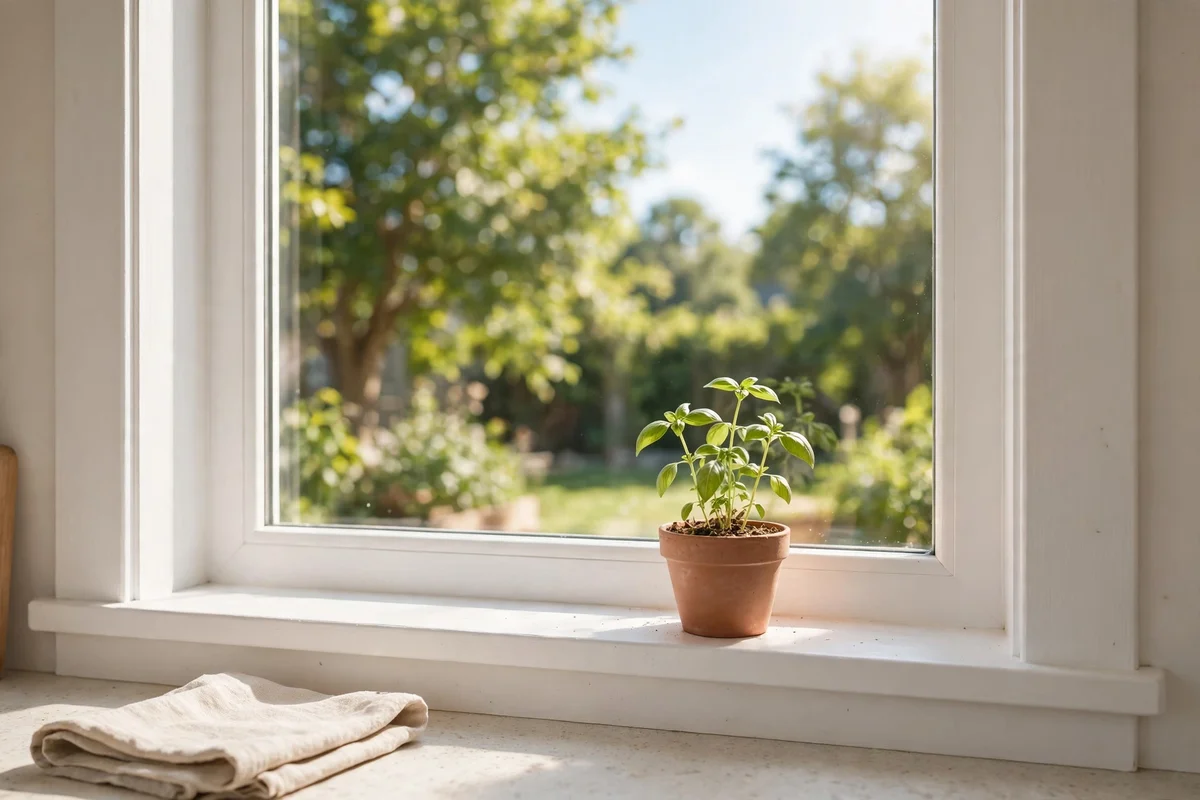 Simple wooden window trim freshly painted in eggshell white around a kitchen window