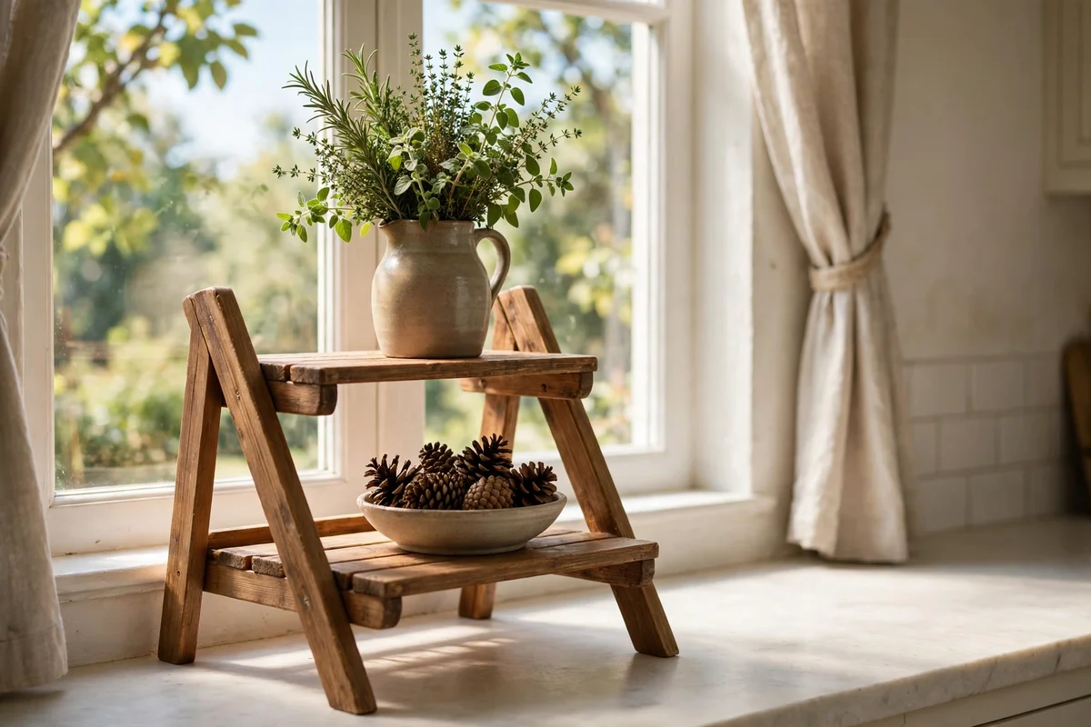 Small folding step shelf beside a kitchen window styled with seasonal herbs and pinecones
