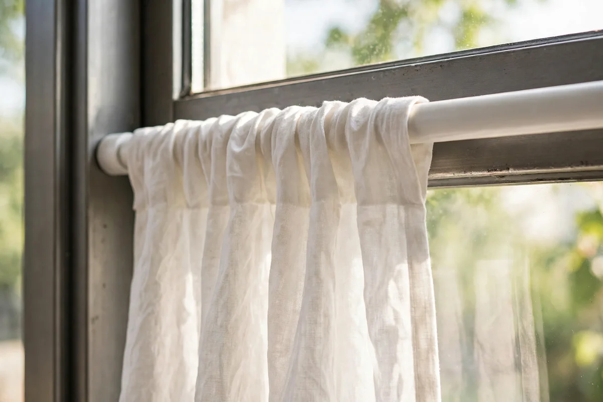 Magnetic curtain rod on a metal kitchen window frame holding a light cotton cafe curtain