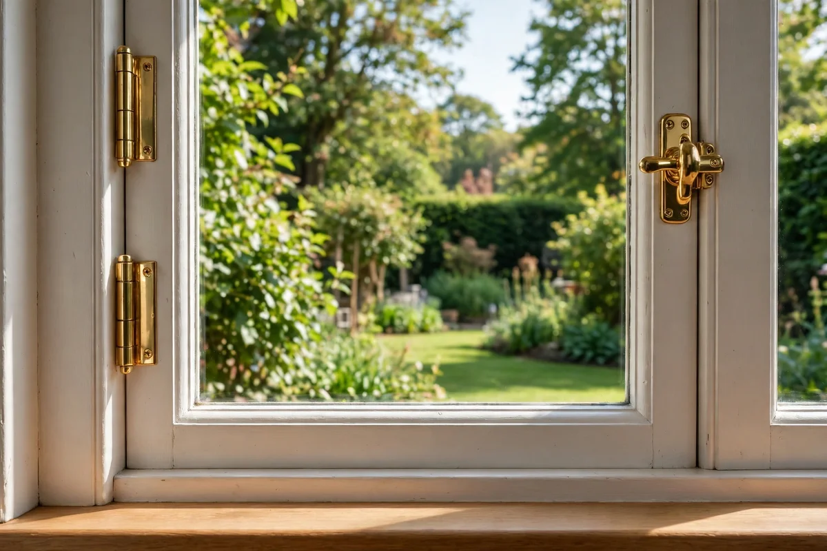 Bare sparkling kitchen windowpane with polished brass fittings and a garden view