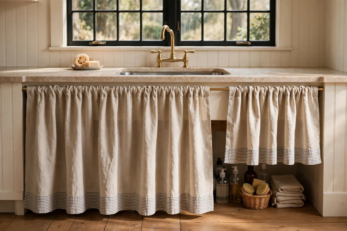Natural linen skirt under a kitchen sink finishing the window corner tidily
