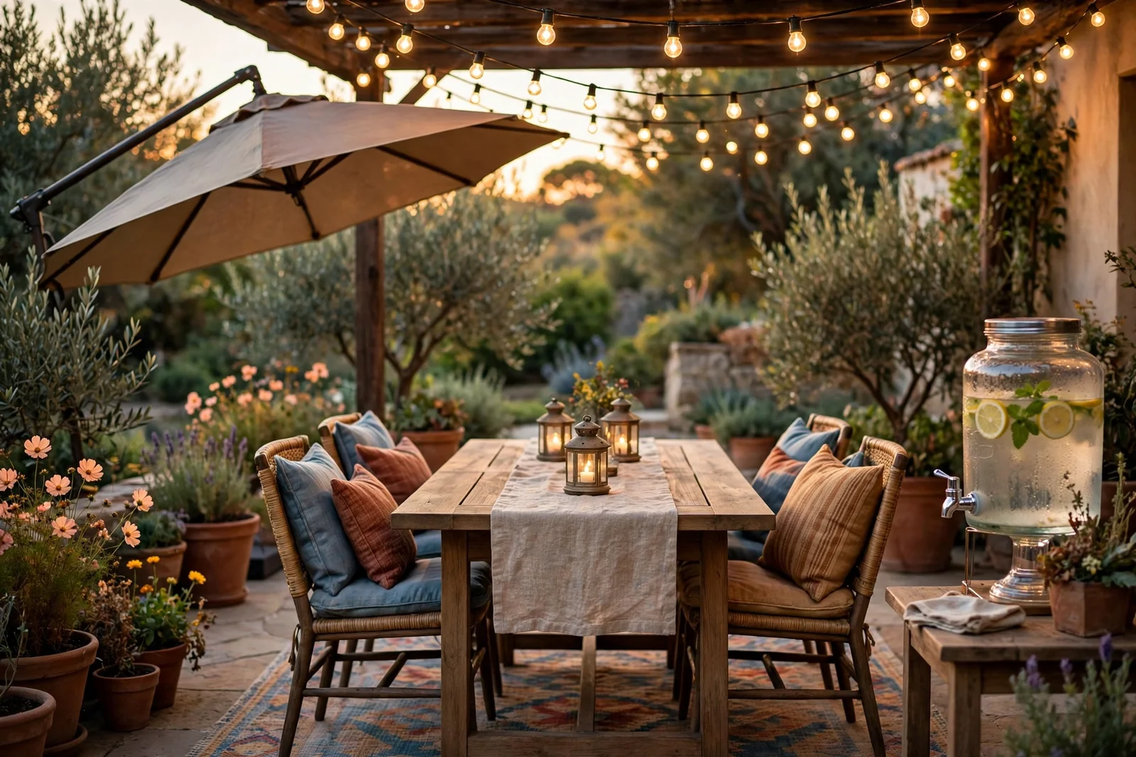 Warmly lit patio at golden hour with a styled dining table, string lights and layered cushions in rust and wheat tones