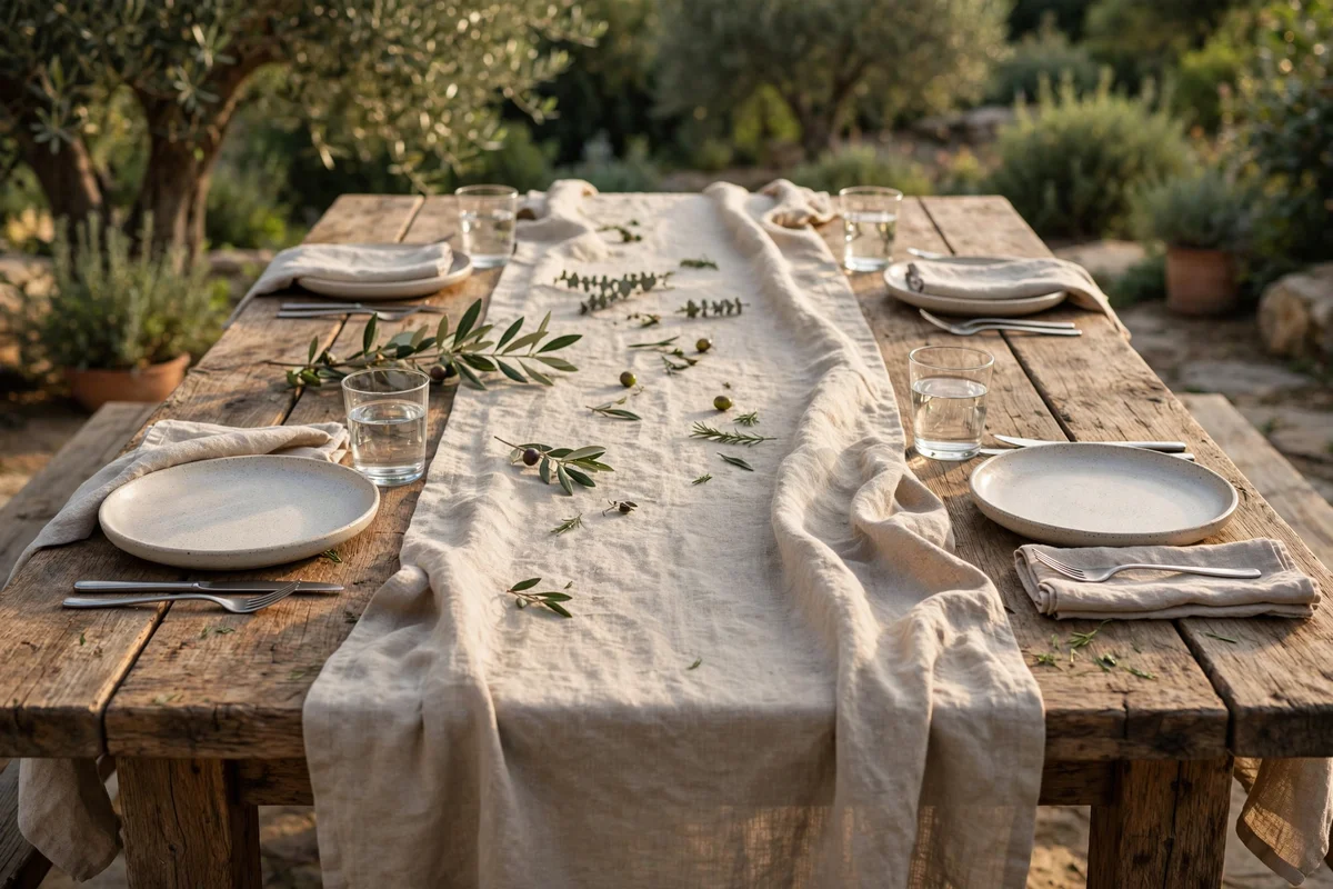 Natural linen runner on an outdoor dining table