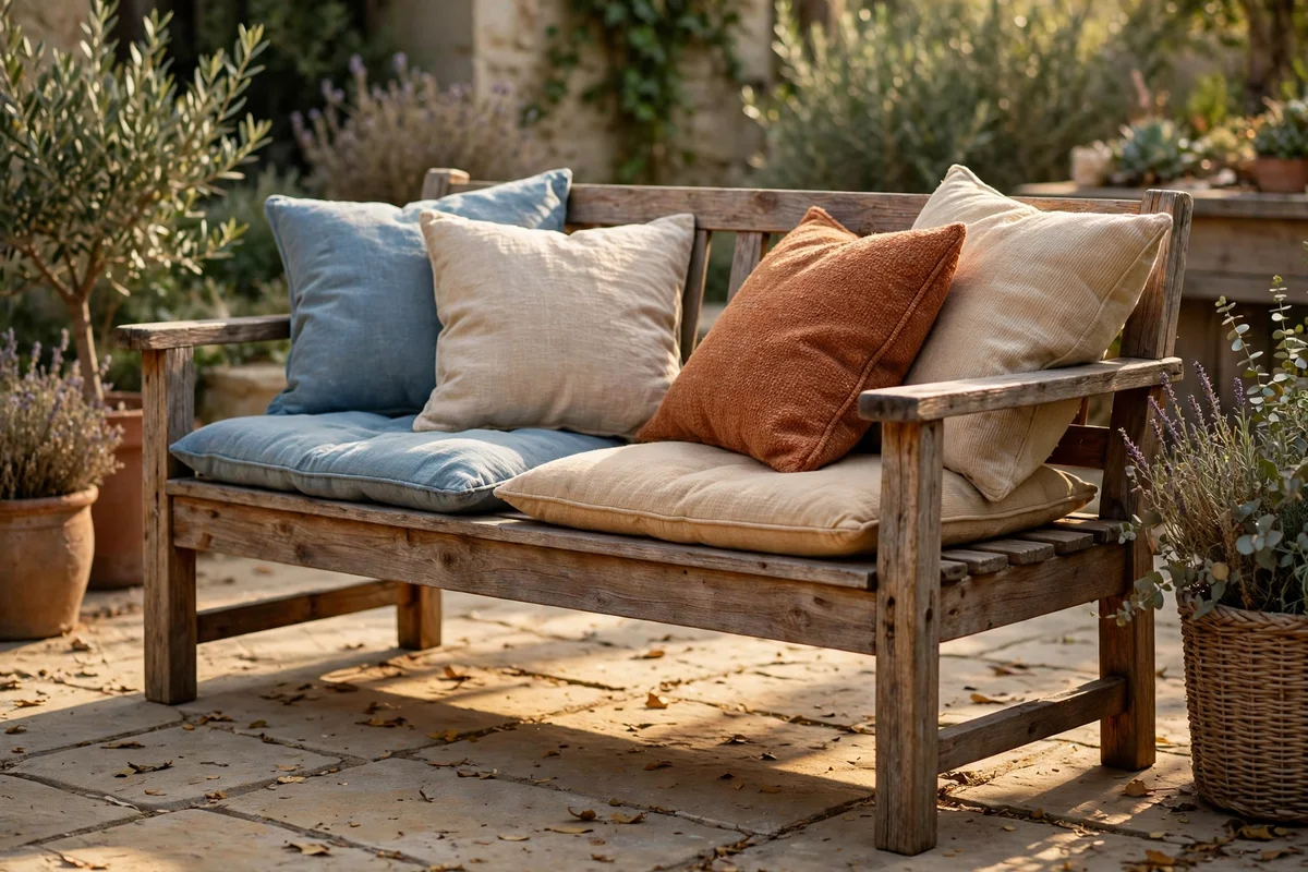 Patio bench with layered cushions in faded blue, rust and wheat tones