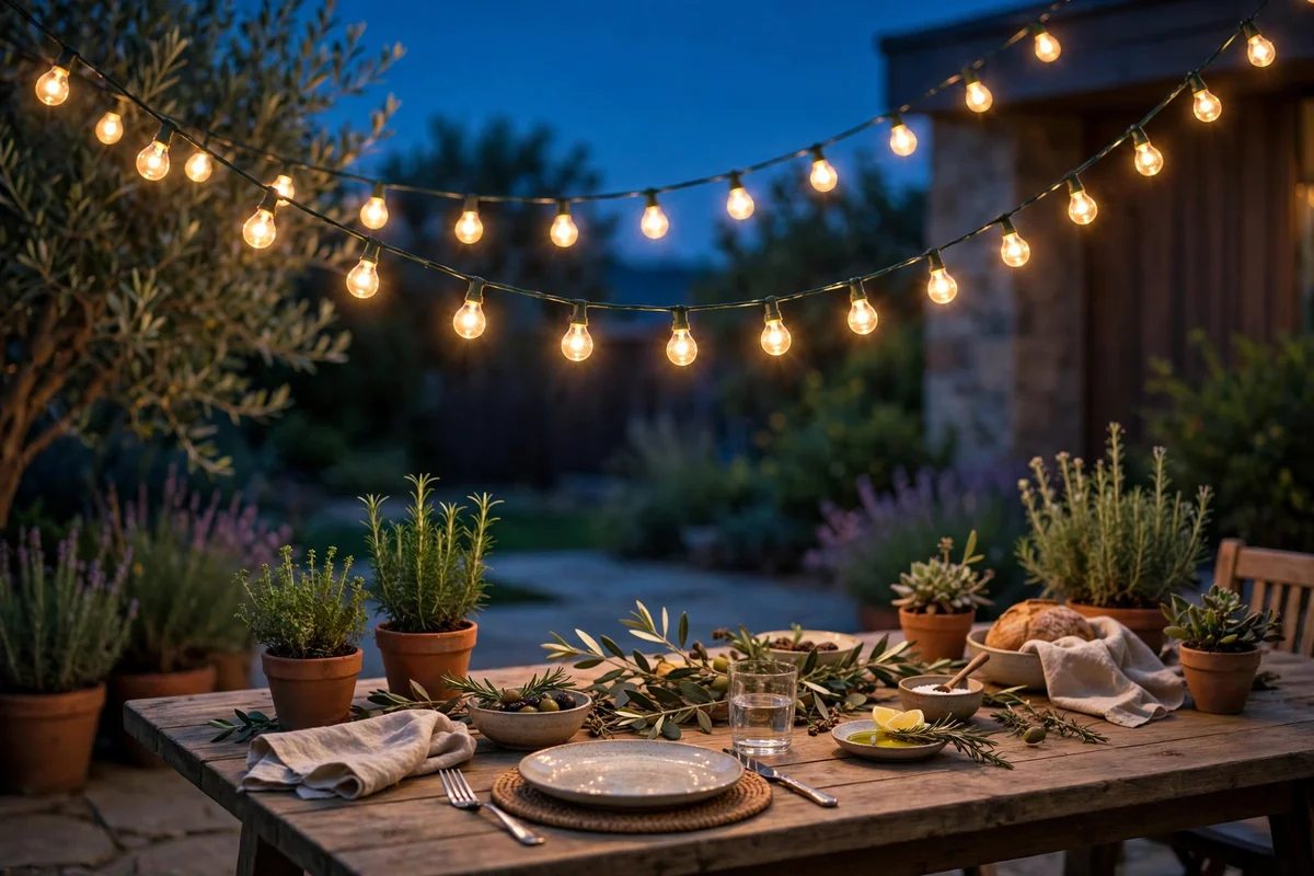 Warm festoon string lights draped above a patio dining table at dusk