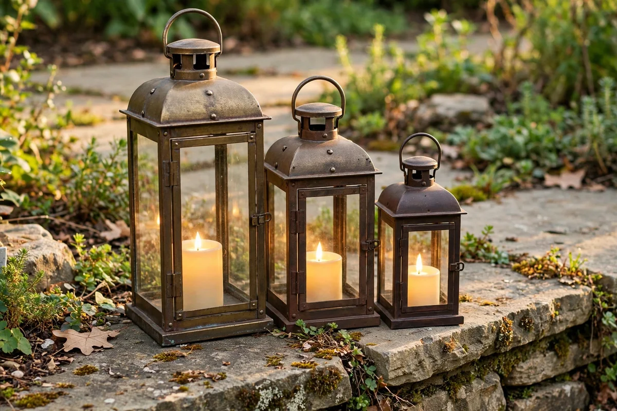 Cluster of three lanterns in different heights glowing on a patio edge