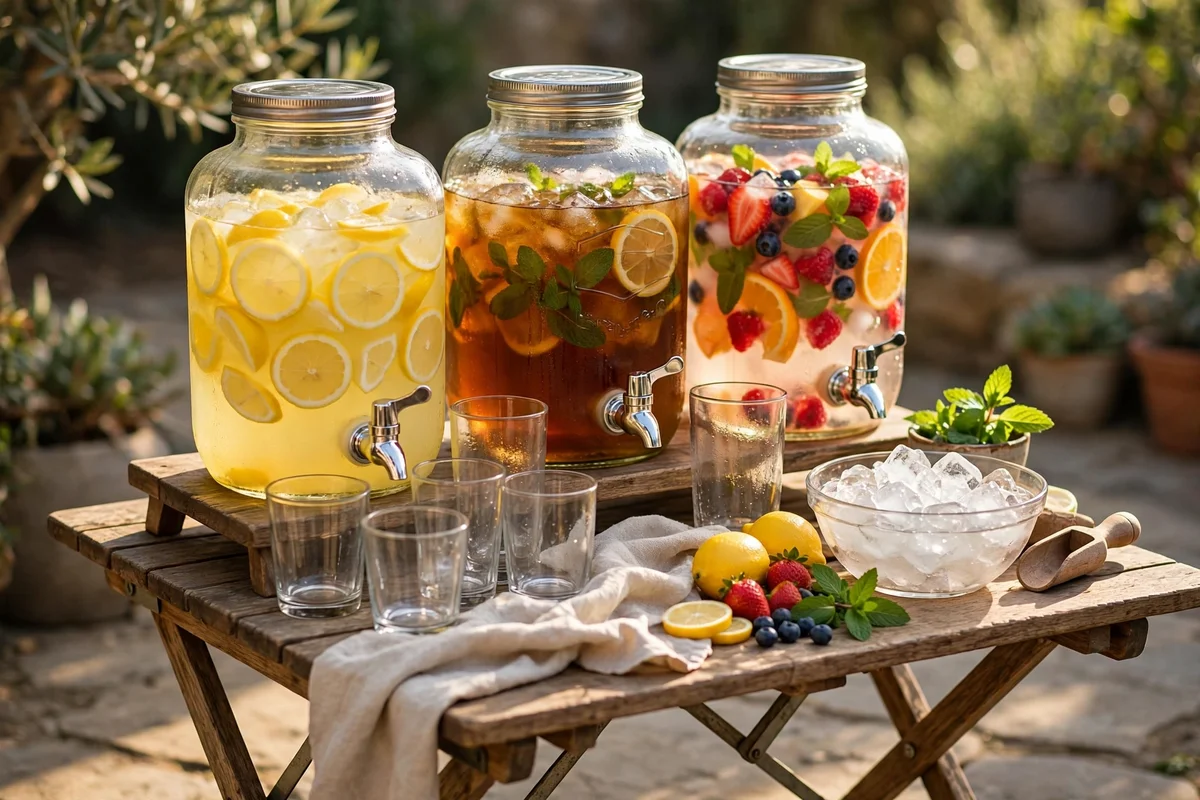 Outdoor refreshment station with lemonade, iced tea and fruit water dispensers