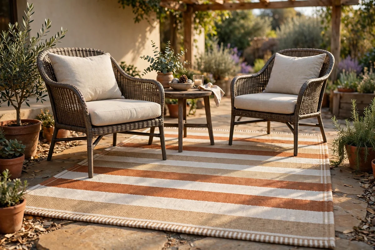 Flatweave outdoor rug in wheat, rust and cream under patio seating