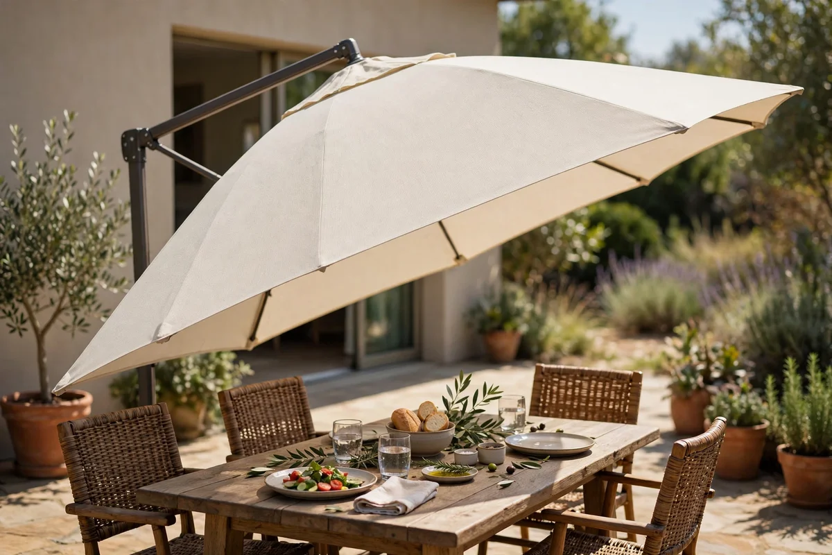Cantilever umbrella with pale sand canopy shading a patio dining table