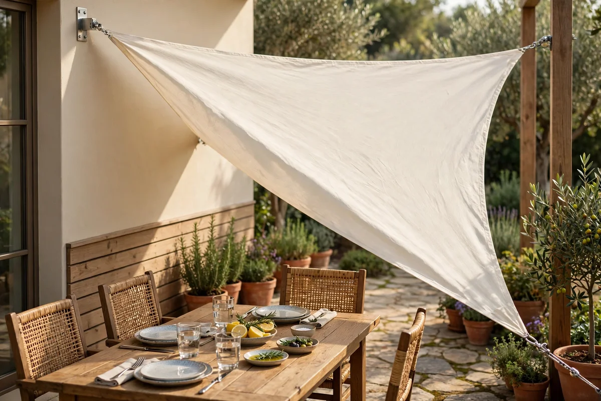Triangular sail shade stretched over a patio dining area