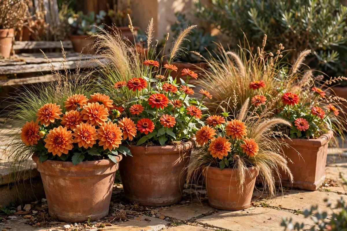 Terracotta planters with dahlias, zinnias and ornamental grasses