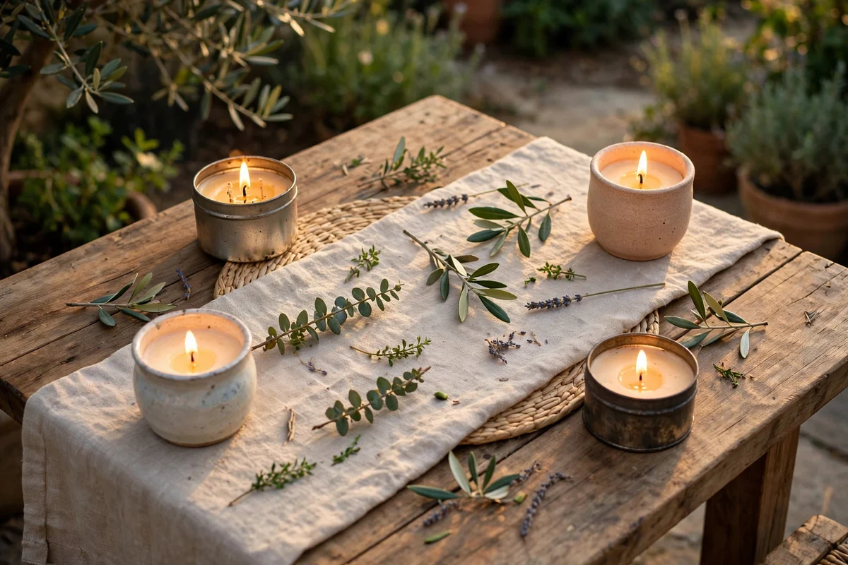 Citronella candles in small pots at the corners of a dining table