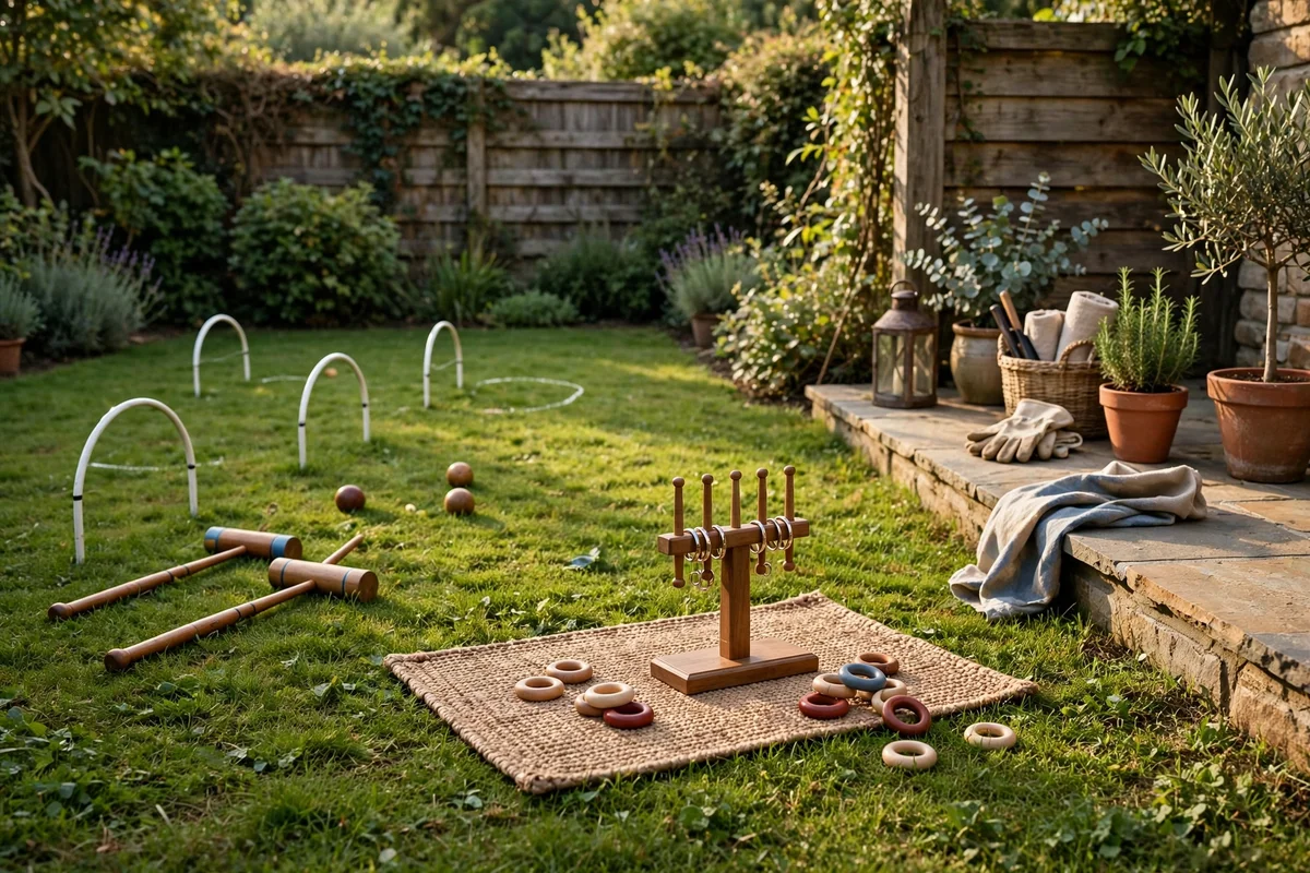 Lawn games corner with croquet and ring toss beside a patio