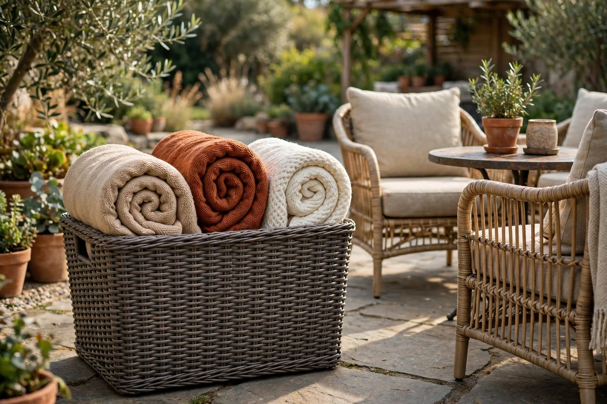 Basket of folded throws in autumn tones beside patio seating