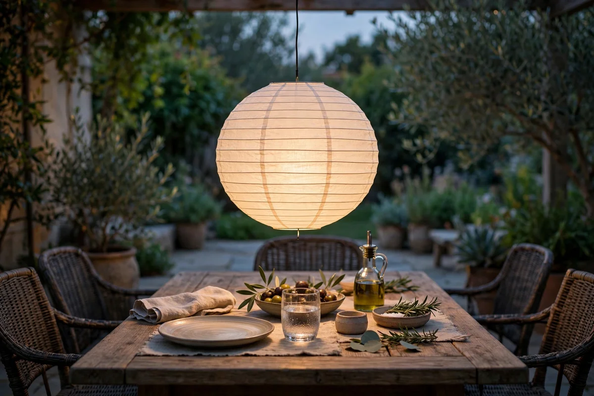 Paper lantern glowing low over a patio dining table centre
