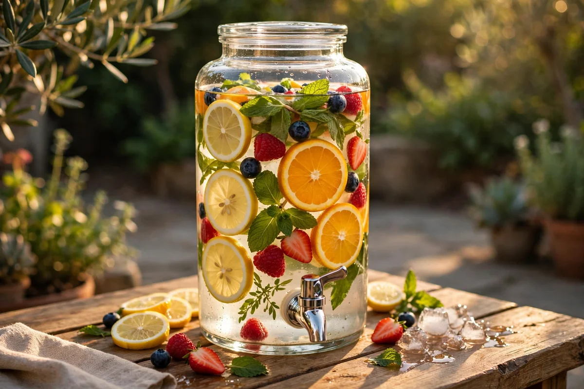 Glass dispenser of fruit water with sliced citrus and mint
