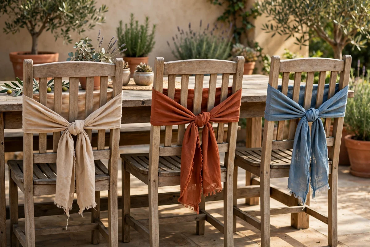 Dining chairs with loose cotton sashes tied around the backs