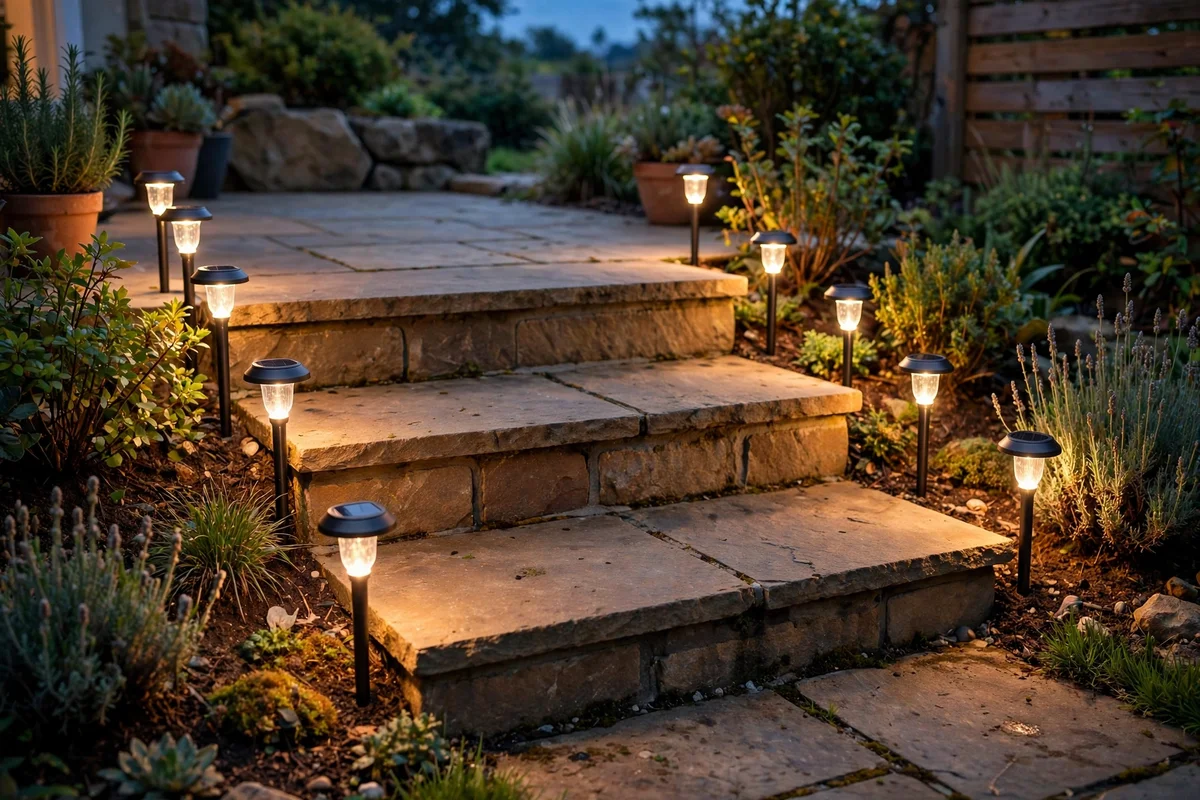 Solar stake lights glowing beside patio steps at dusk
