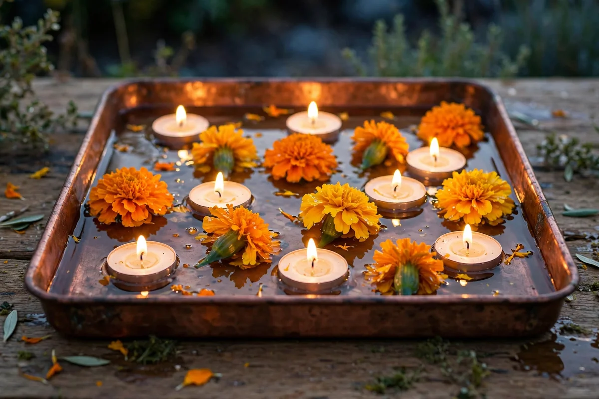 Tray of floating candles and marigold heads as a centrepiece