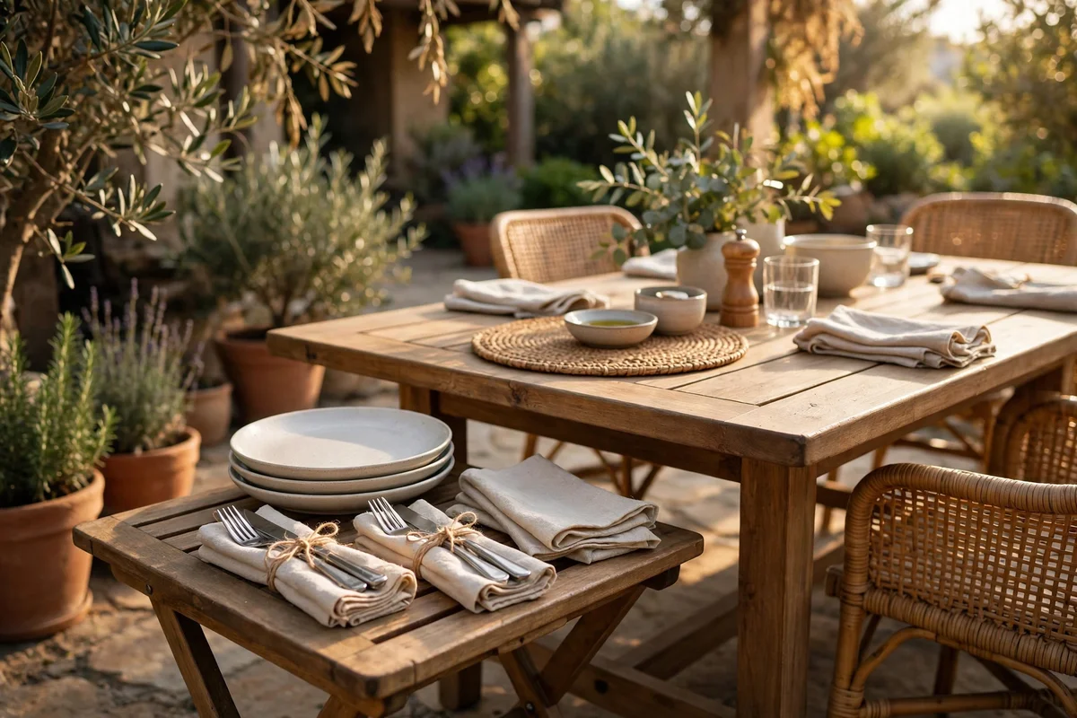 Side table staged with plates, cutlery bundles and napkins