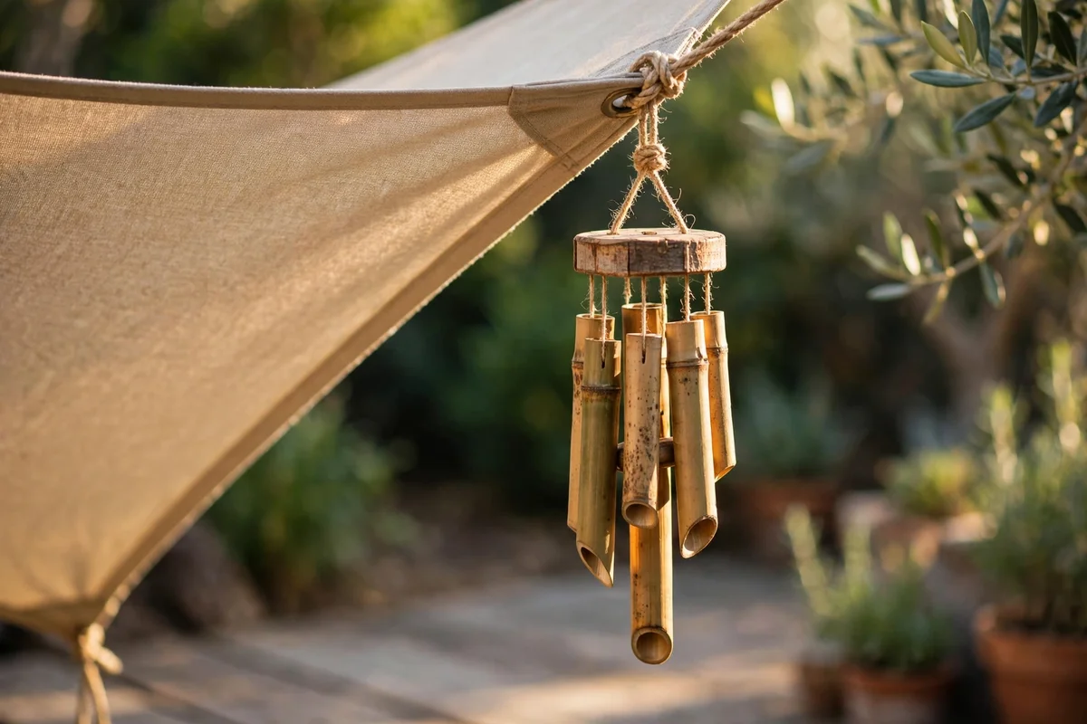 Small wooden wind chime hanging from a patio shade corner