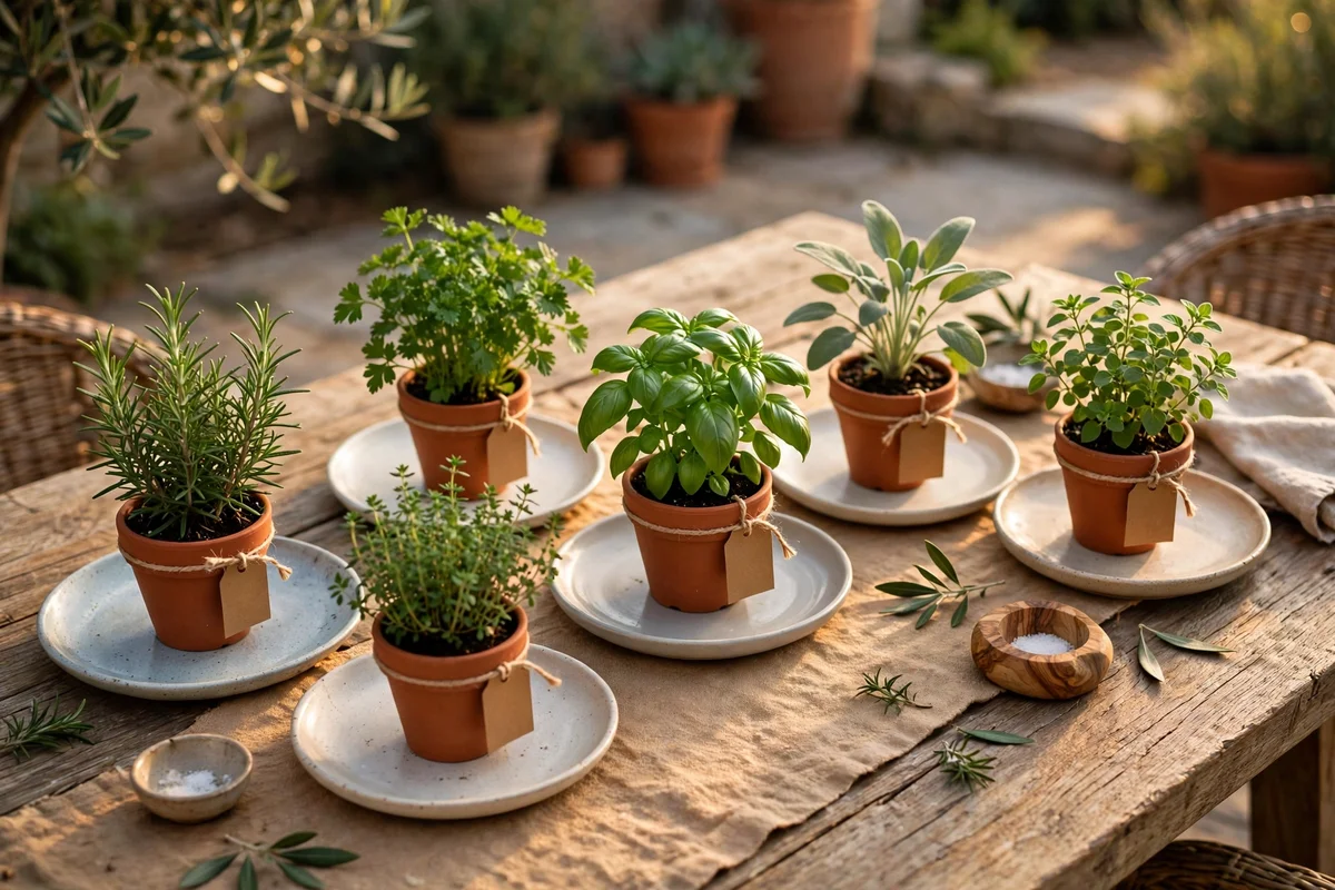 Potted herbs as place settings on a patio dining table