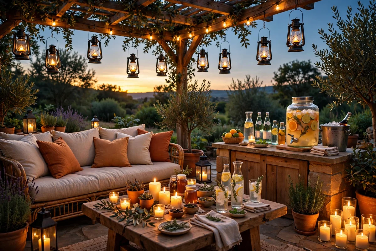 Patio at twilight after the final candle-lighting sweep