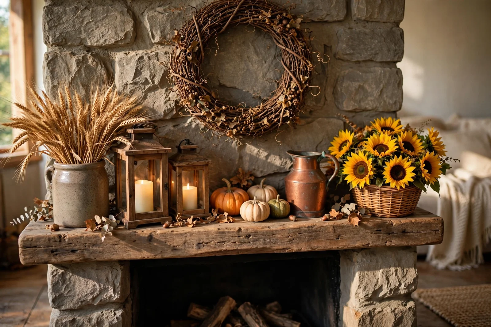 Harvest styled fireplace mantel with wheat sheaves, lanterns, pumpkins and sunflowers in warm light