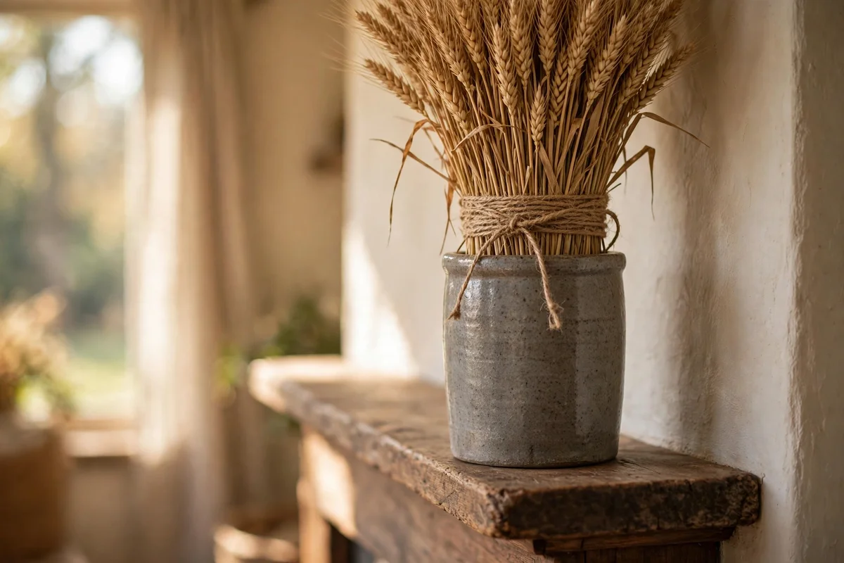 Wheat sheaves tied with twine in a stoneware crock on a mantel