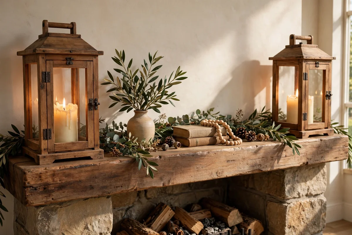 Two wooden lanterns with cream pillar candles on a mantel