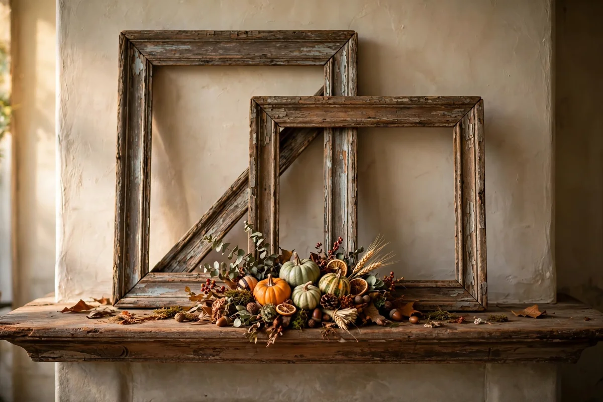 Layered empty wooden frames behind a mantel centrepiece