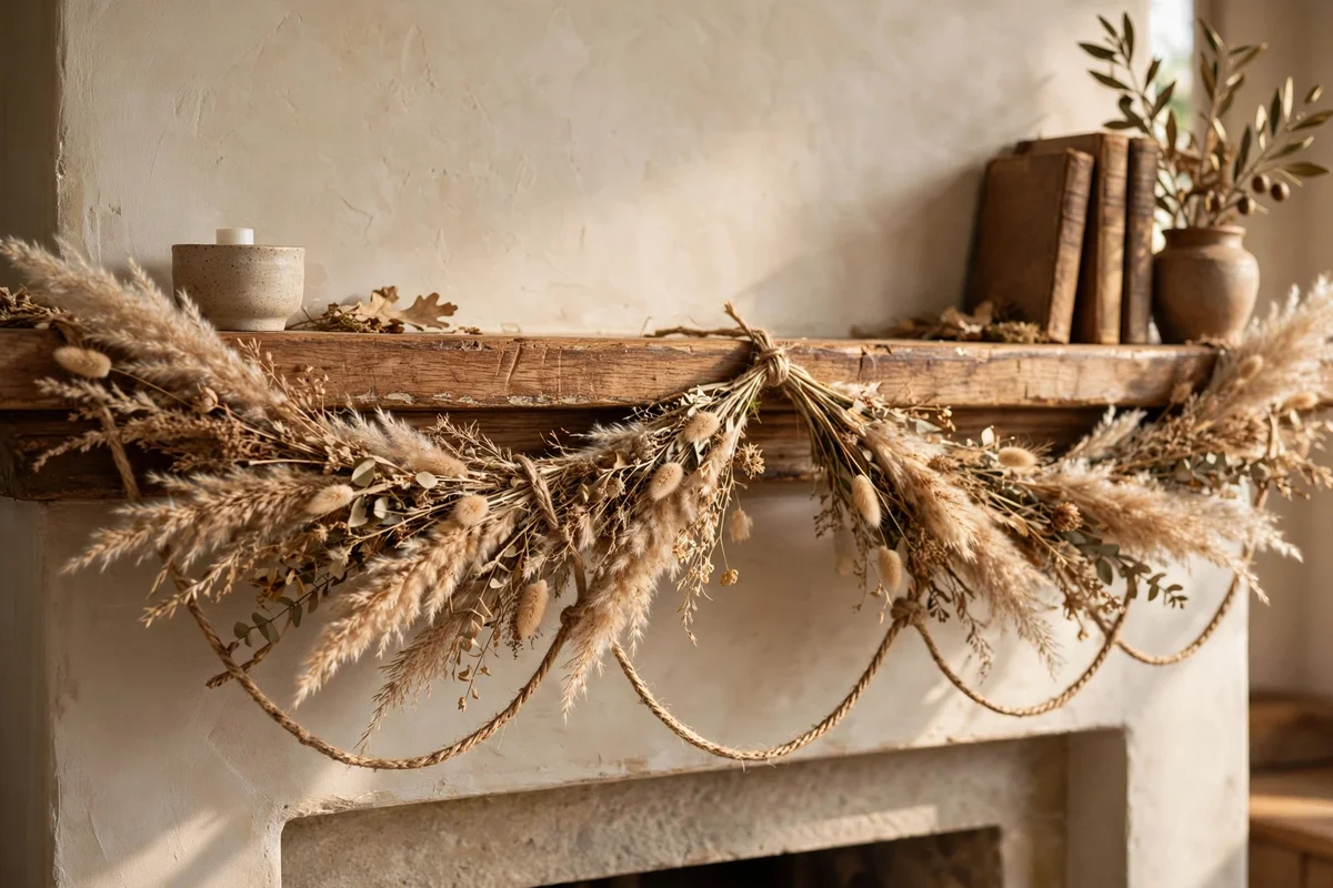 Dried grass garland draped along a mantel front edge
