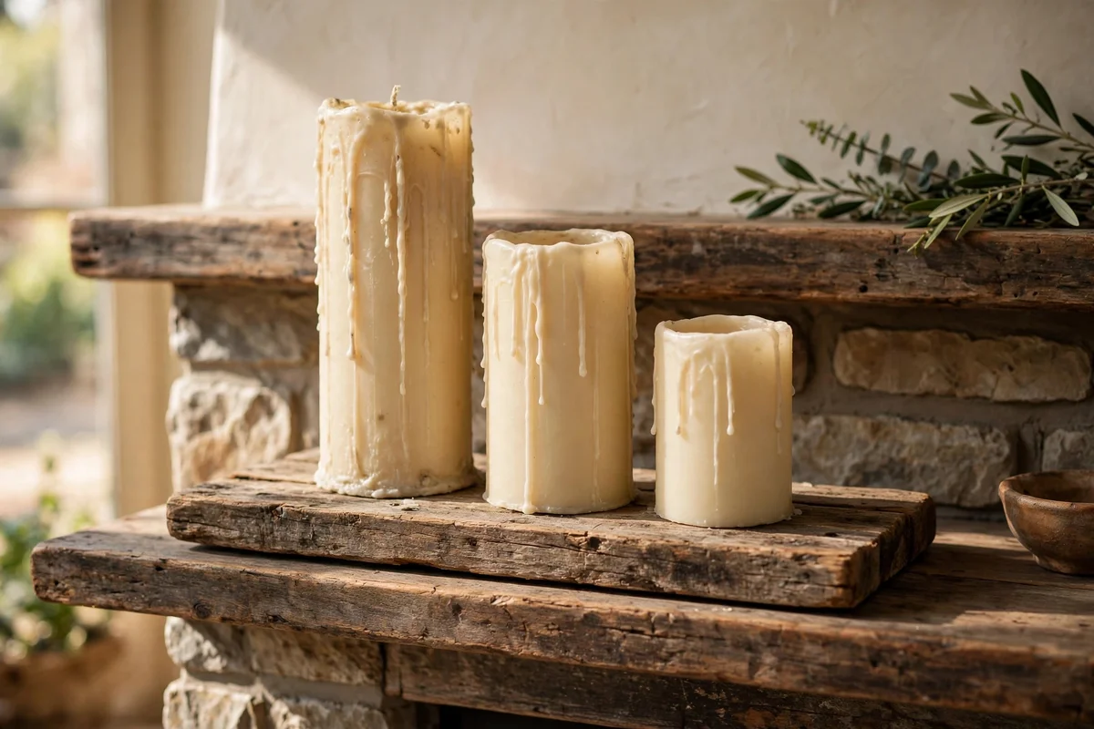 Three cream pillar candles on a reclaimed wood board