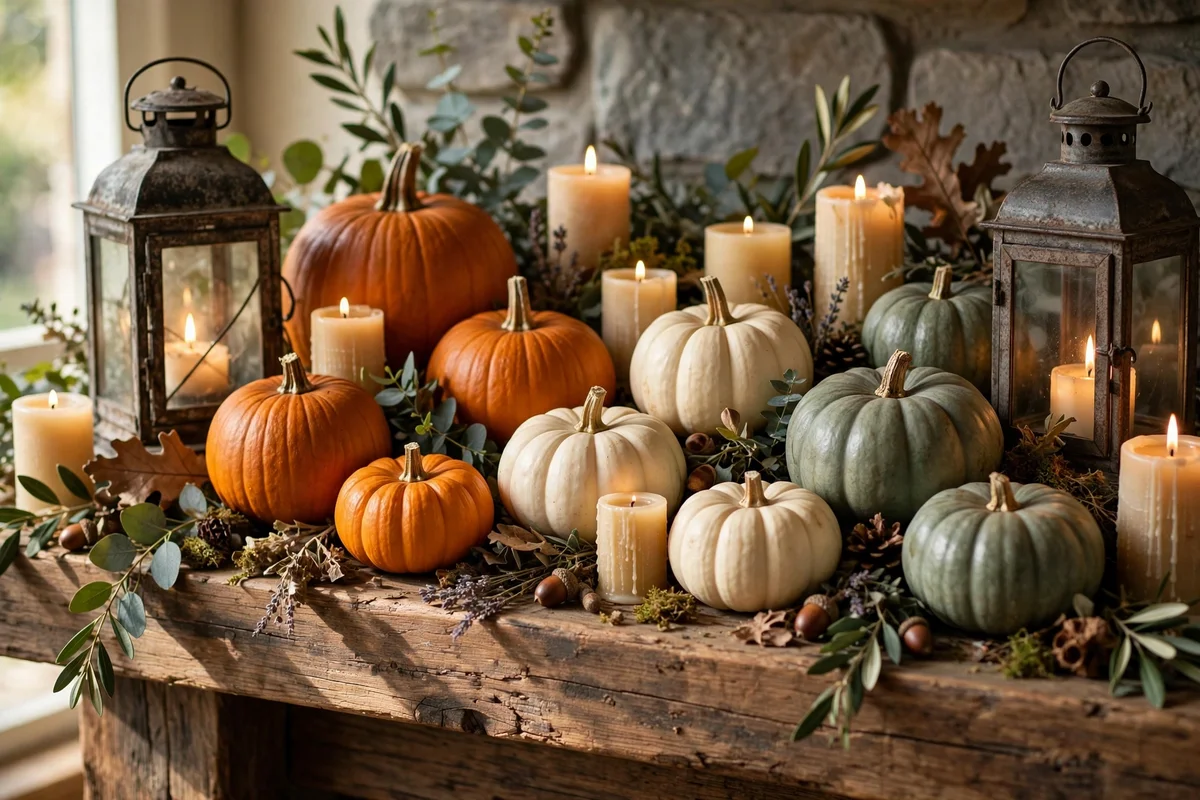 Small pie pumpkins tucked between lanterns on a mantel