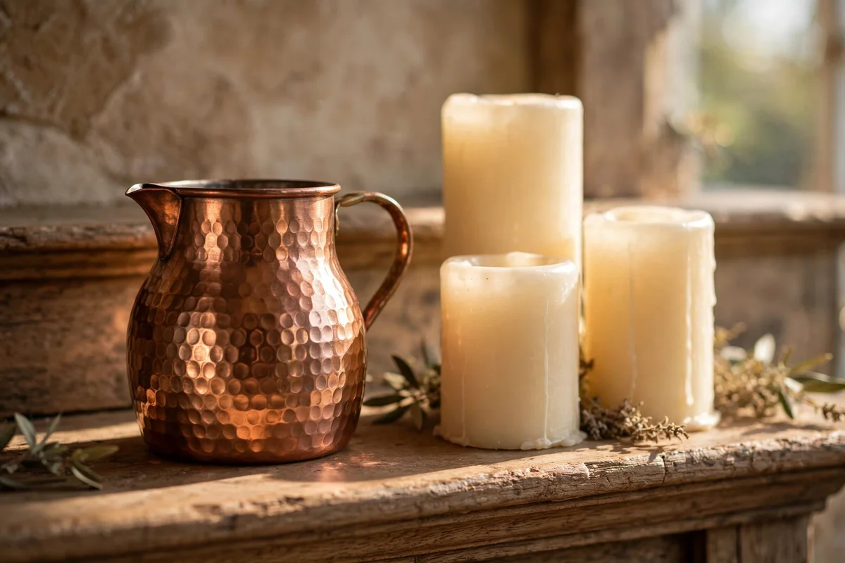 Copper jug beside cream candles on a mantel