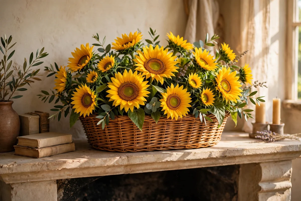 Wicker basket of sunflowers as a mantel centrepiece