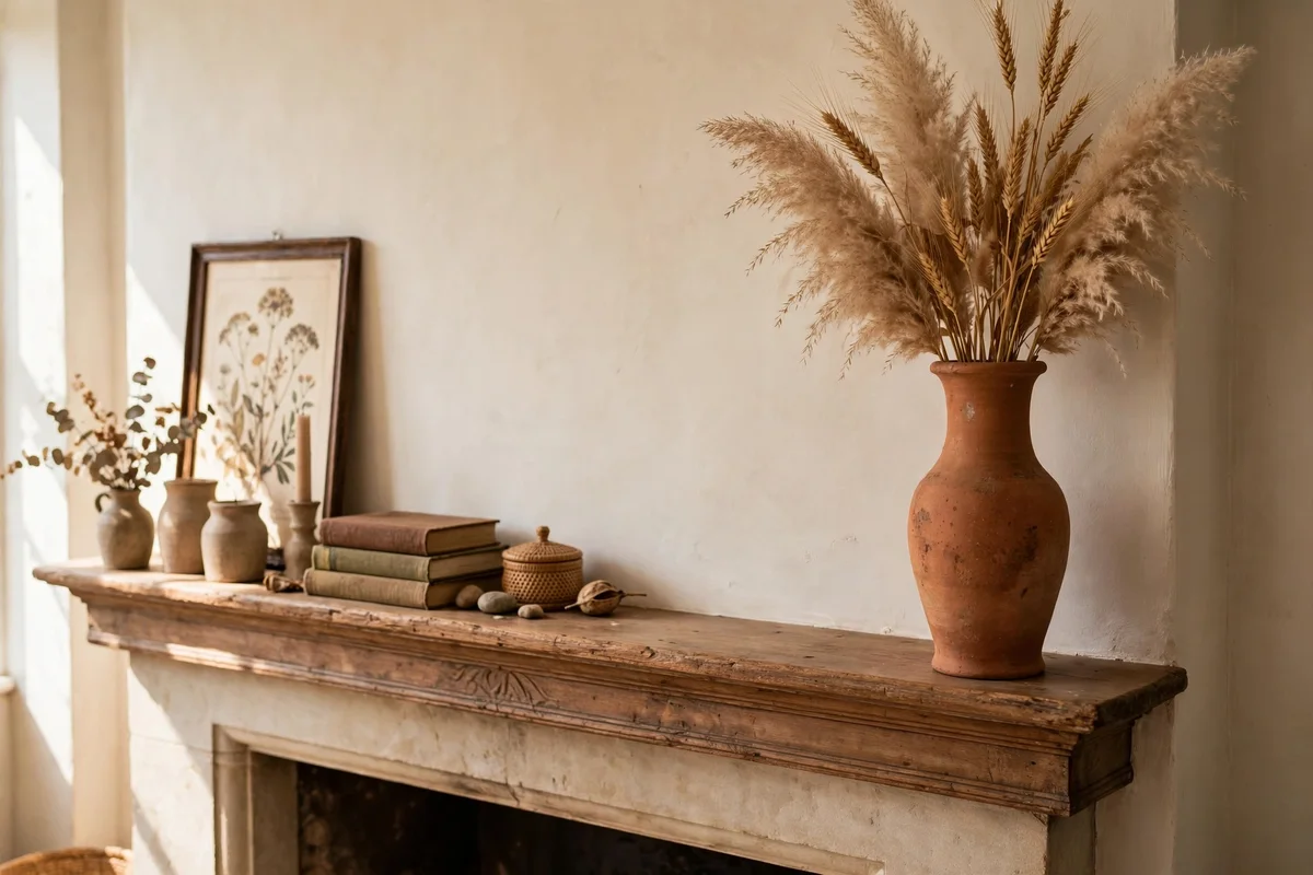 Terracotta vase of pampas grass and wheat on a mantel