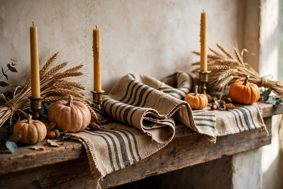 Folded grain sack runner under a mantel display