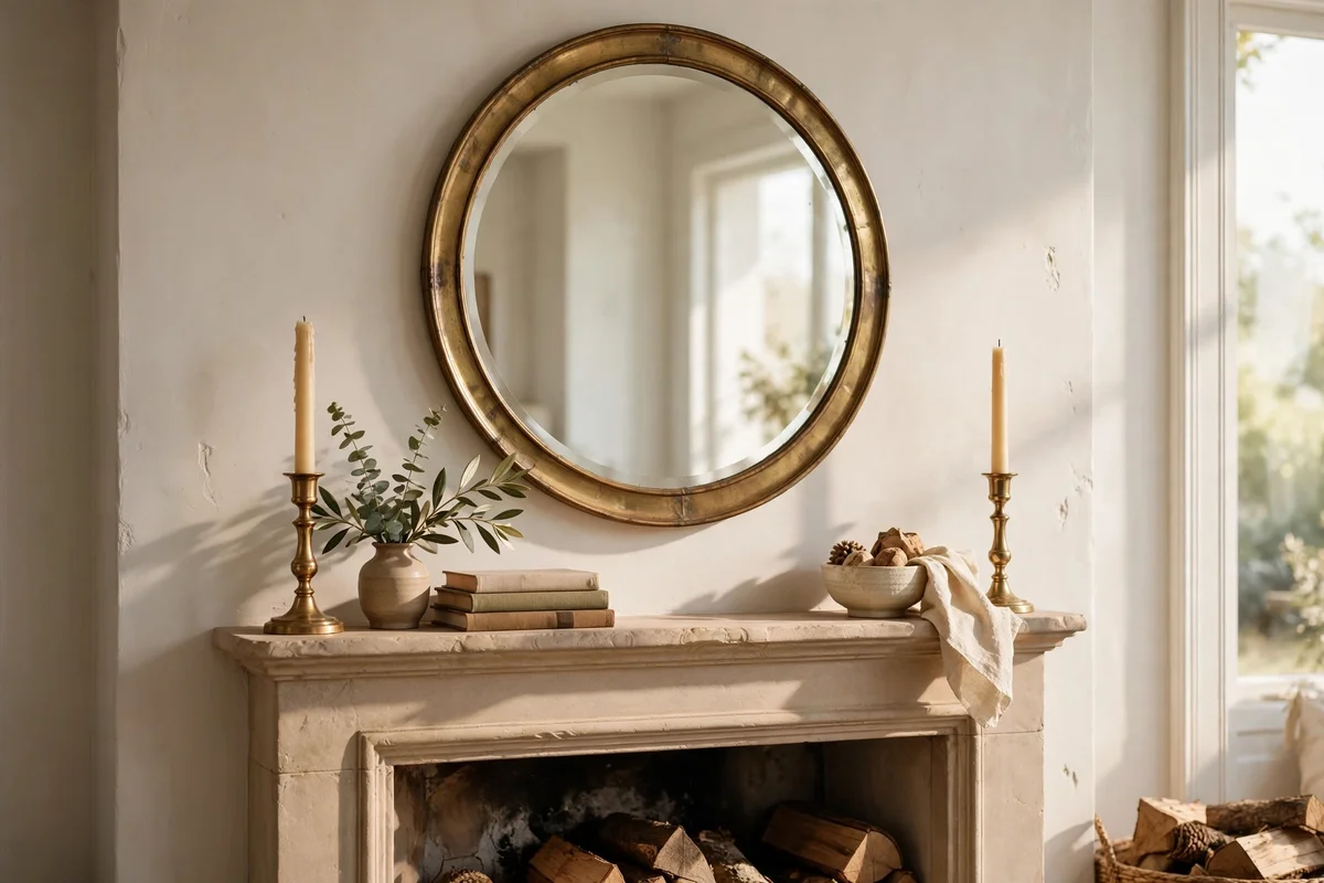 Round mirror with brass candlesticks on a mantel