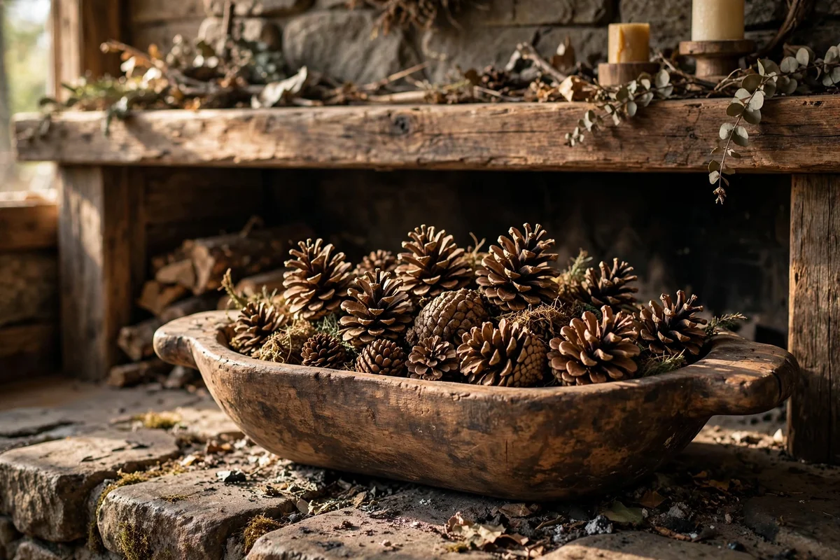 Wooden dough bowl of pinecones on a hearth